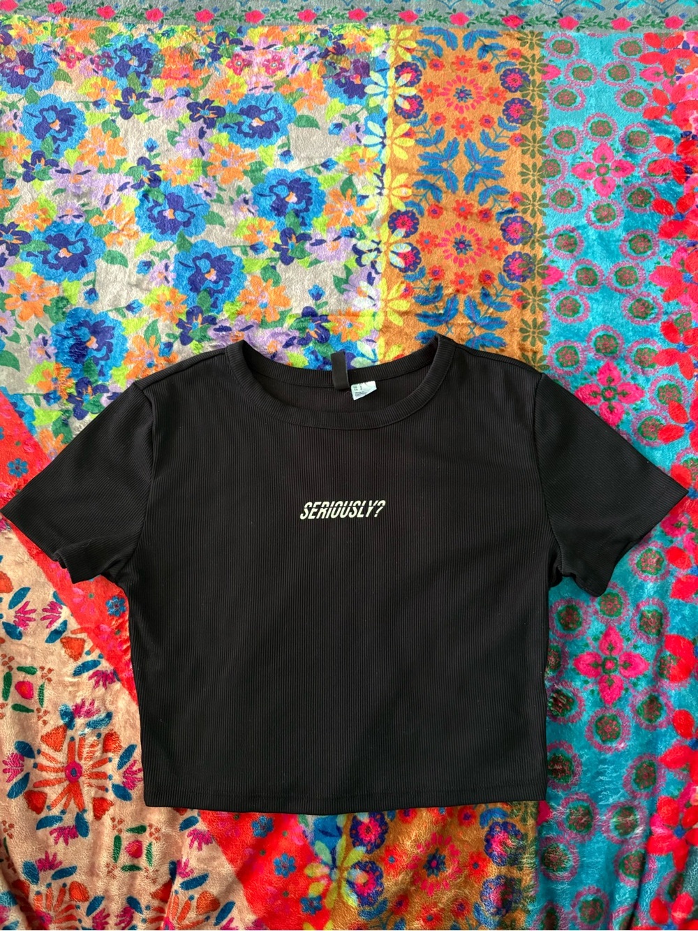 Divided Black Cropped Tee with 'Seriously?' Chest Print